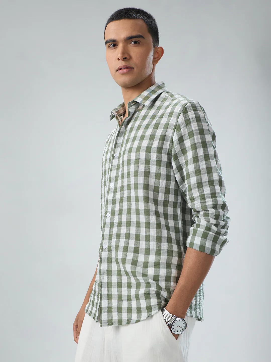 Plush Forest Green & White Gingham Checks Crinkled Shirt - Image 6