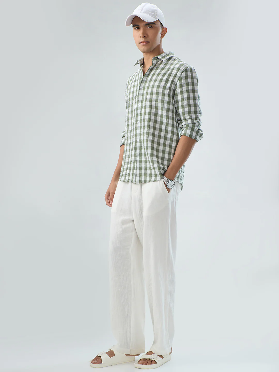 Plush Forest Green & White Gingham Checks Crinkled Shirt - Image 8