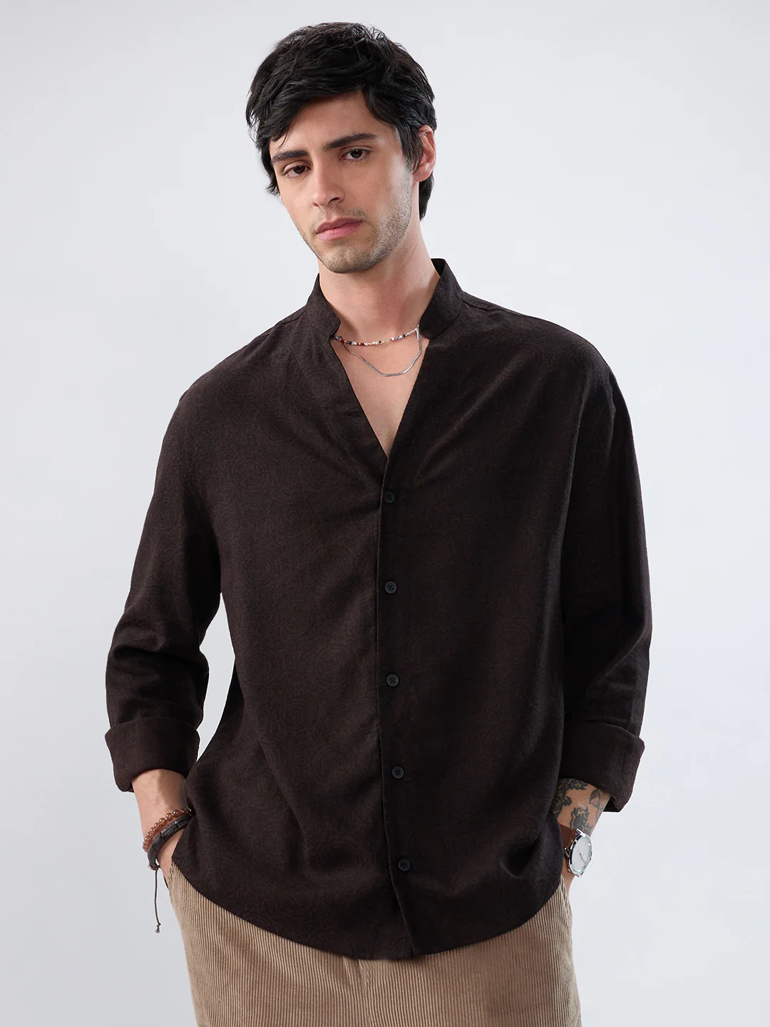 Premium Cocoa Motif Weave Linen Blend Stand-Collar Oversized Shirt - Image 4