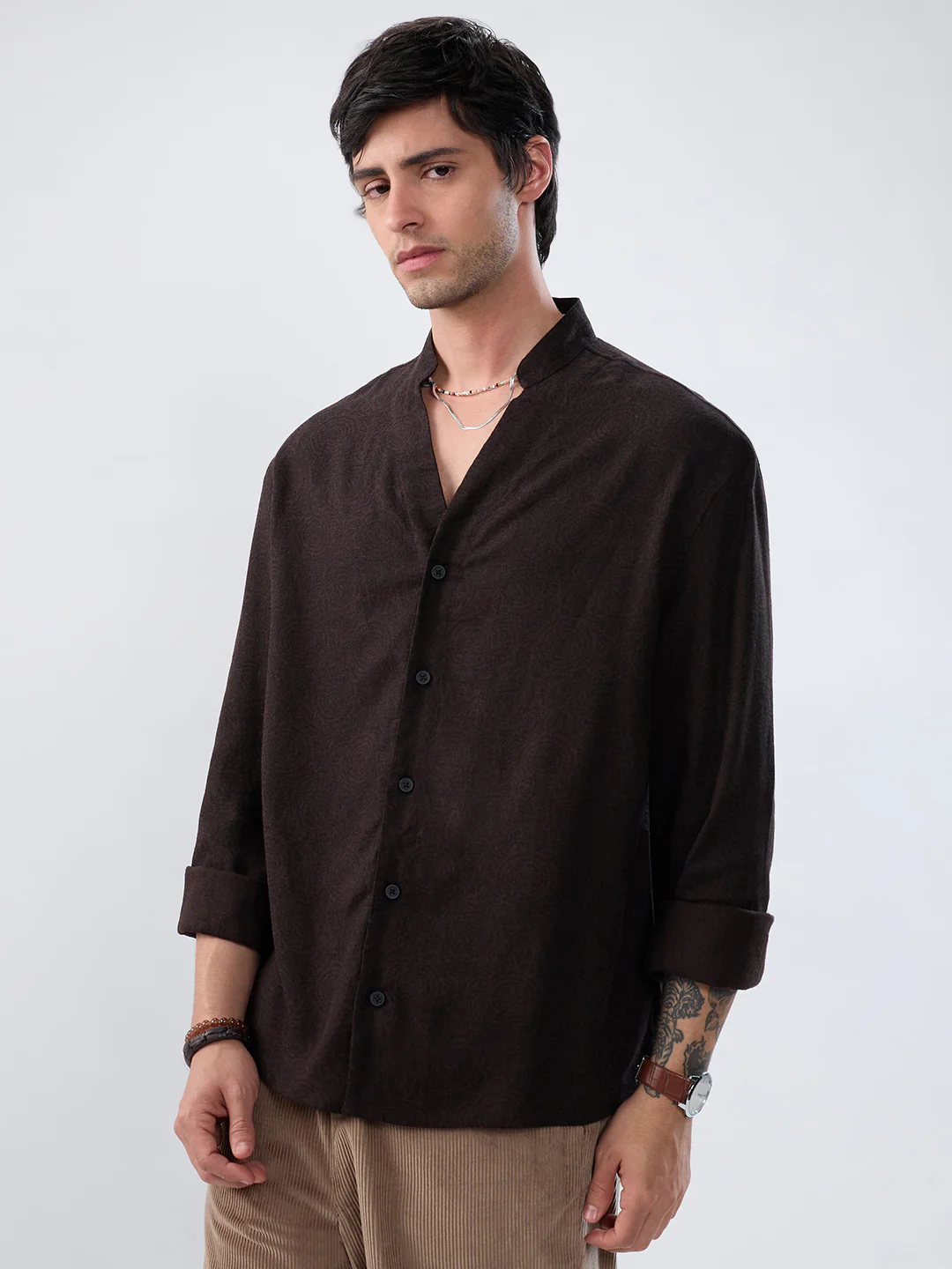 Premium Cocoa Motif Weave Linen Blend Stand-Collar Oversized Shirt - Image 5