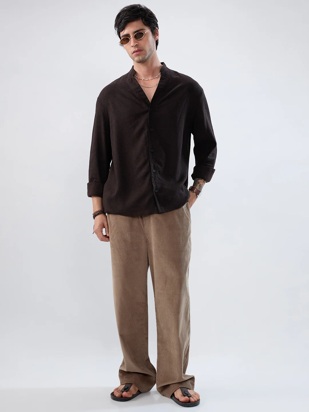 Premium Cocoa Motif Weave Linen Blend Stand-Collar Oversized Shirt - Image 7