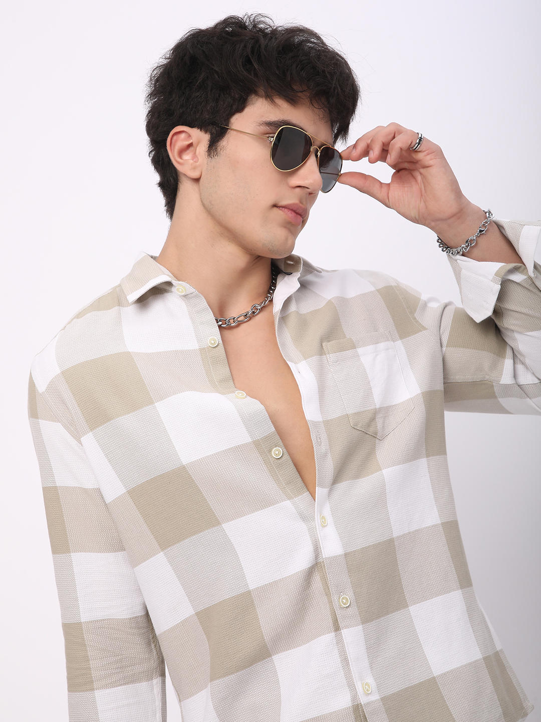 Premium Cotton Beige & White Tartan Checkered Shirt