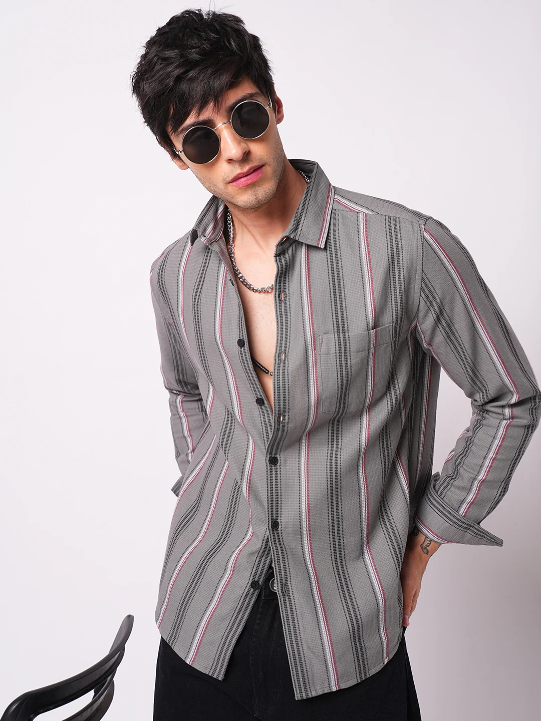 Premium Cotton Cityscape Grey and Red Stripe Shirt