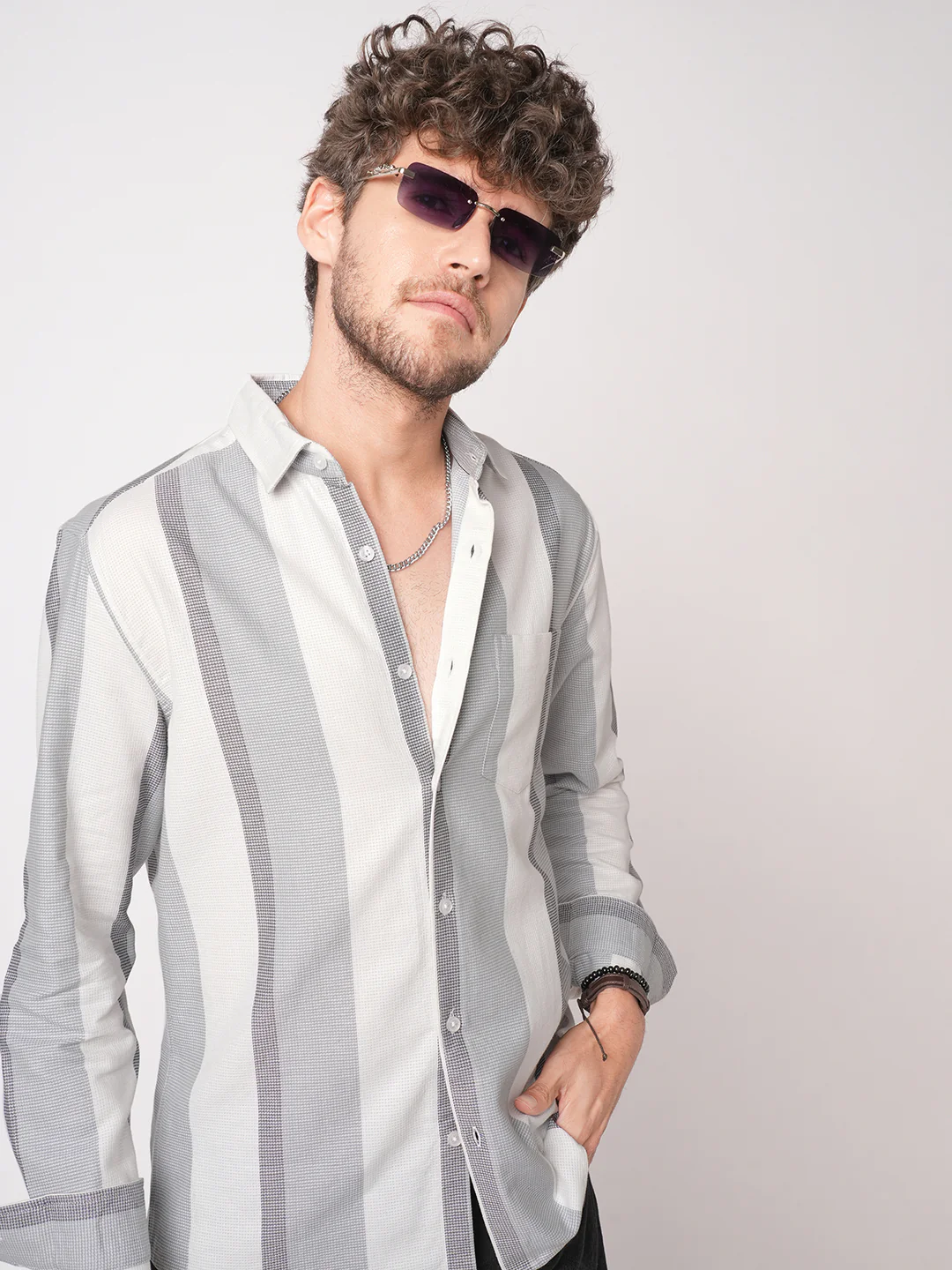 Premium Cotton Classic Dual Tone Broad Stripes Grey Shirt - Image 2