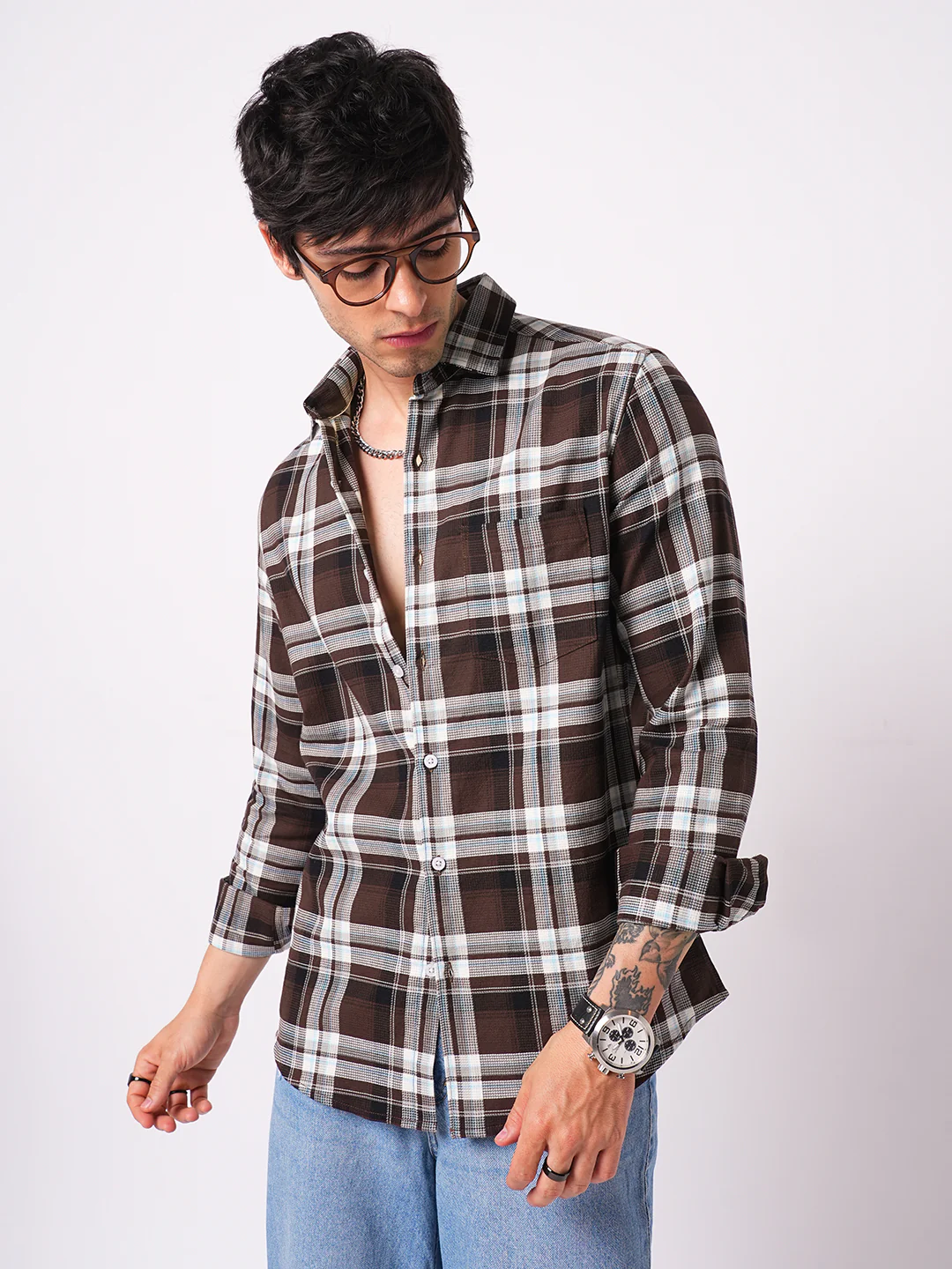 Premium Cotton Espresso Grid Retro Plaid Shirt - Image 2