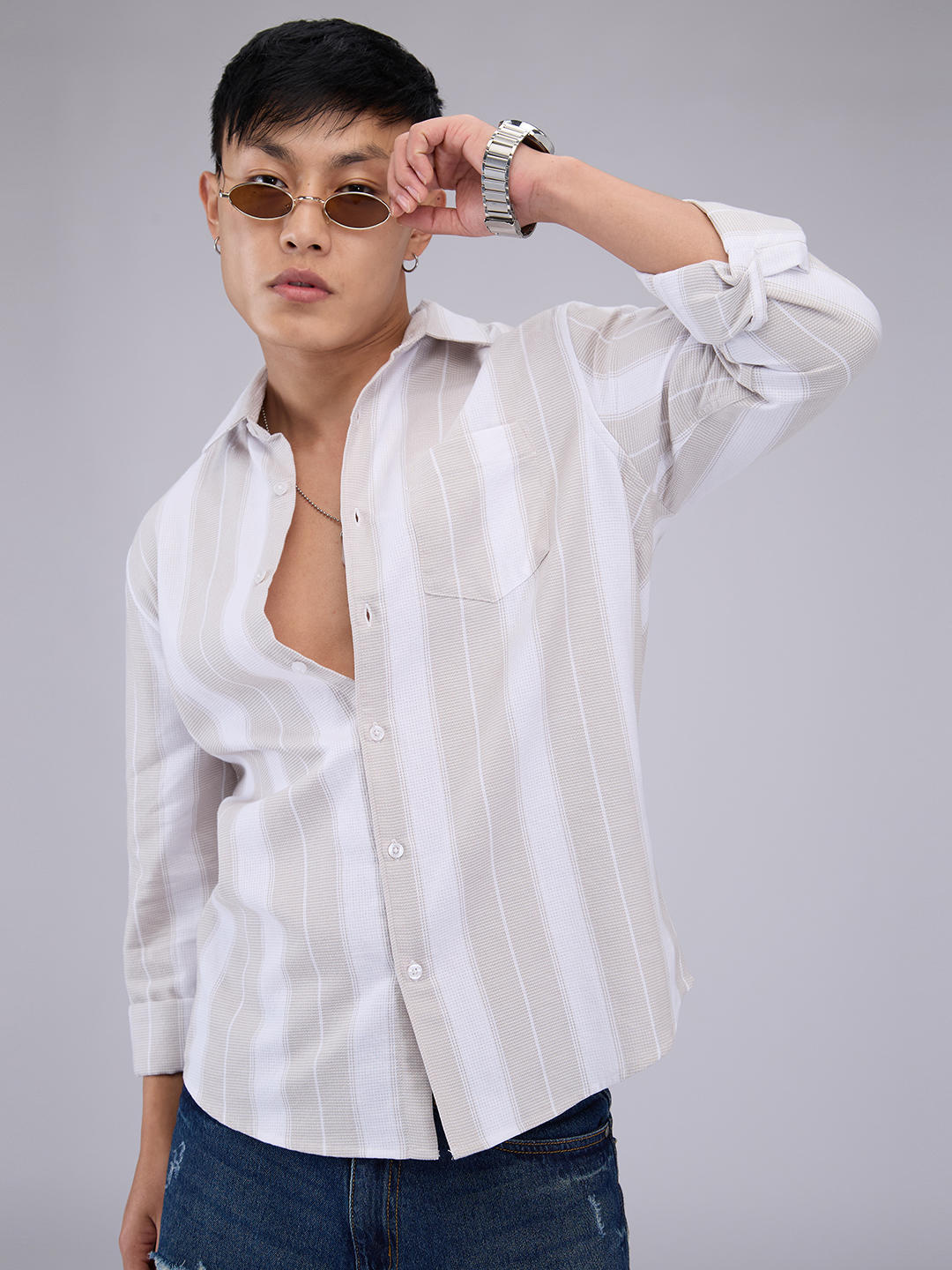 Premium Cotton Greige & White Broad Striped Shirt - Image 4