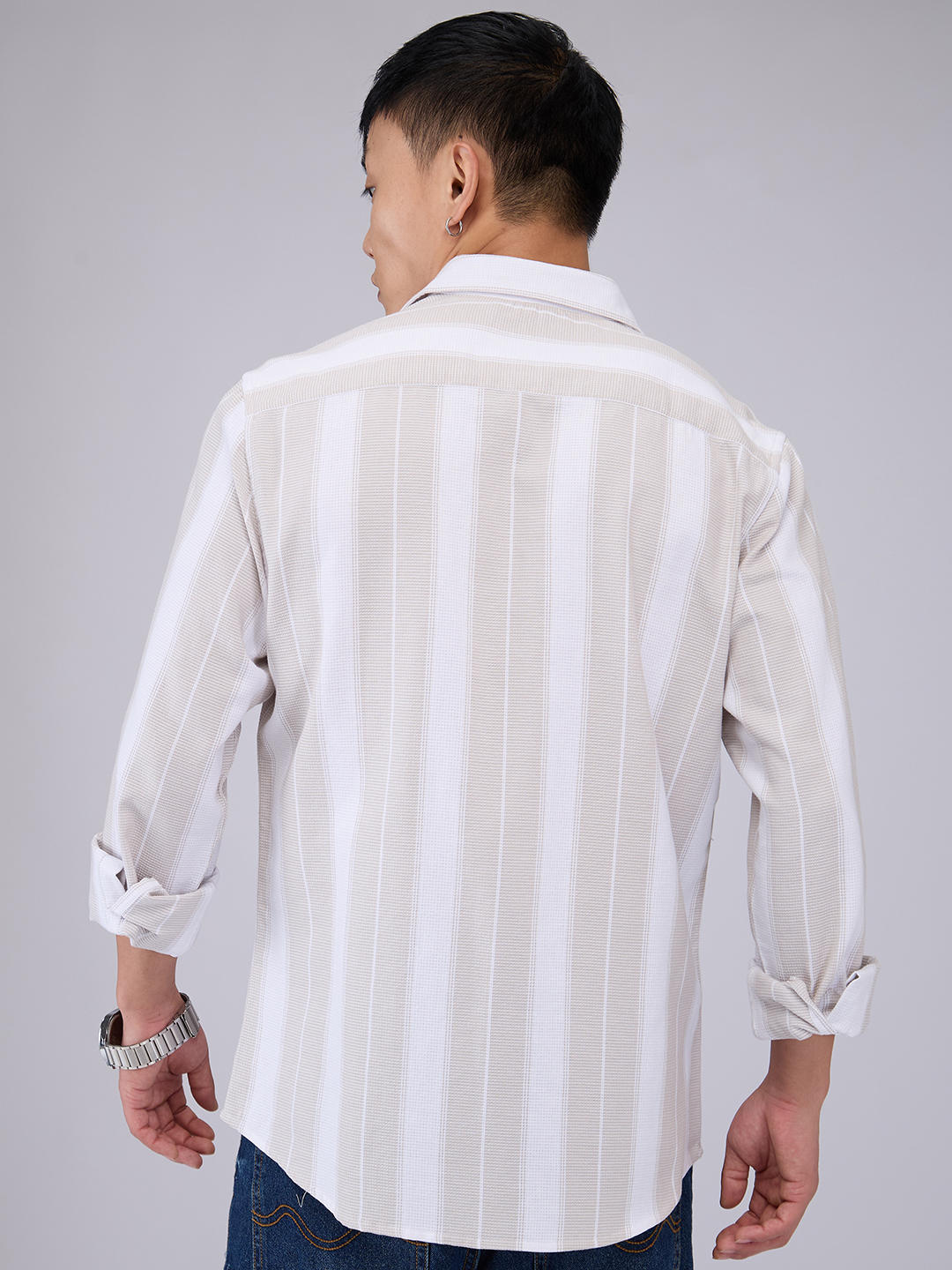 Premium Cotton Greige & White Broad Striped Shirt - Image 7