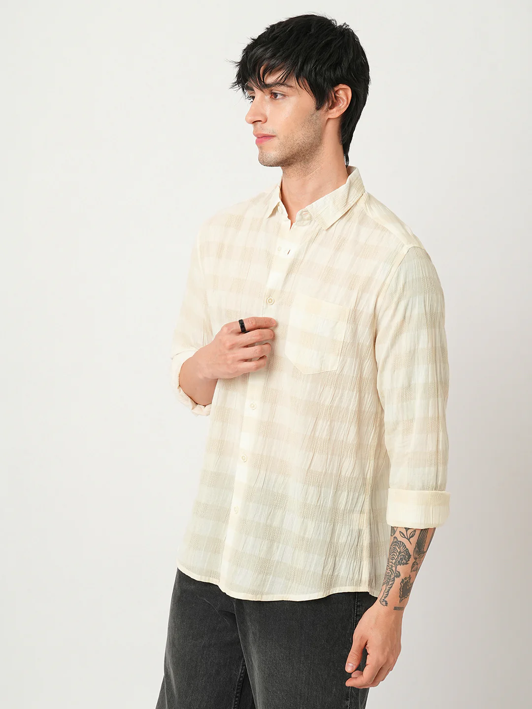 Premium Cotton Ivory Broad Checked Crepe Shirt - Image 5