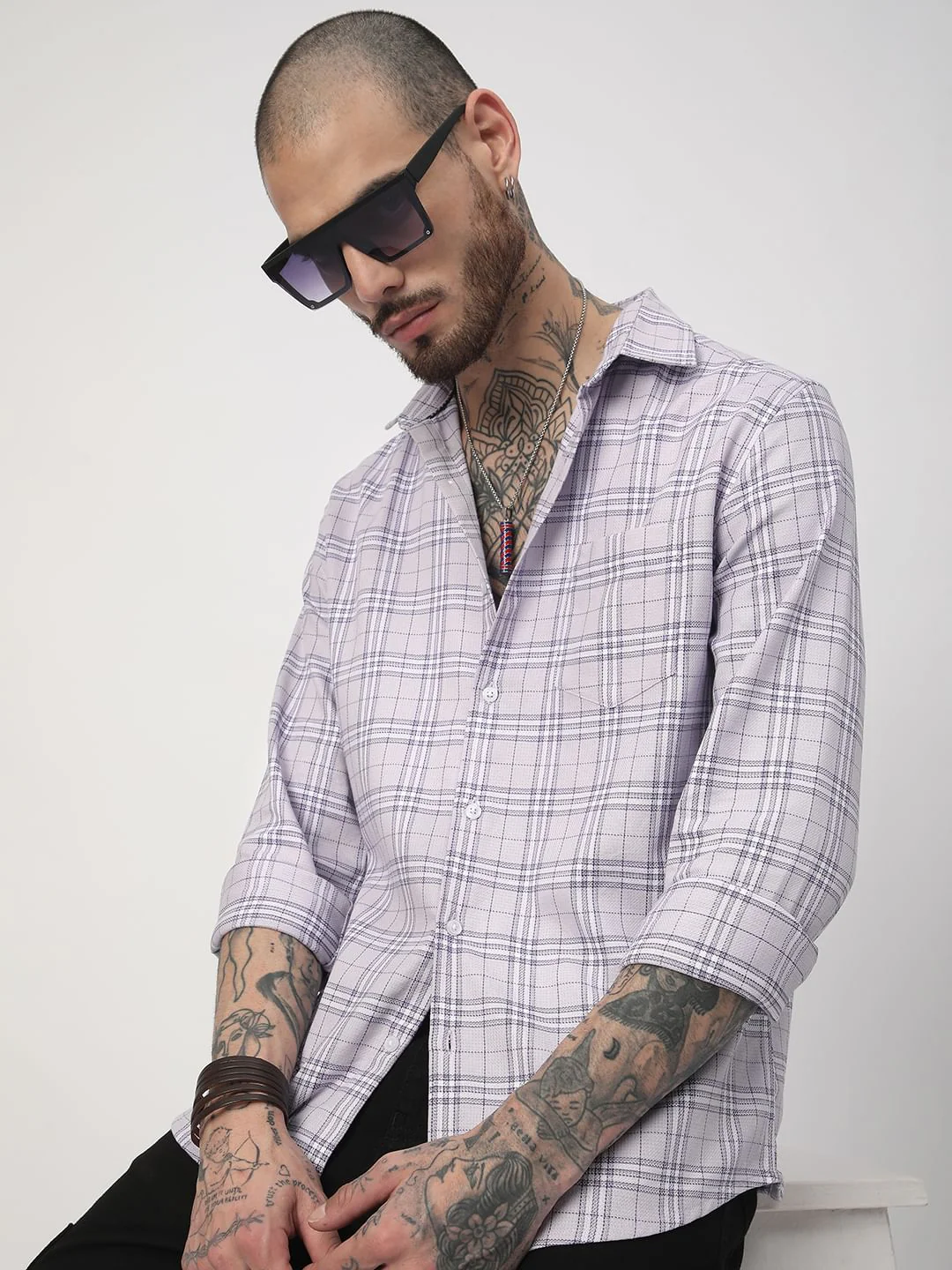 Premium Cotton Lilac & White Tartan Checked Shirt - Image 2