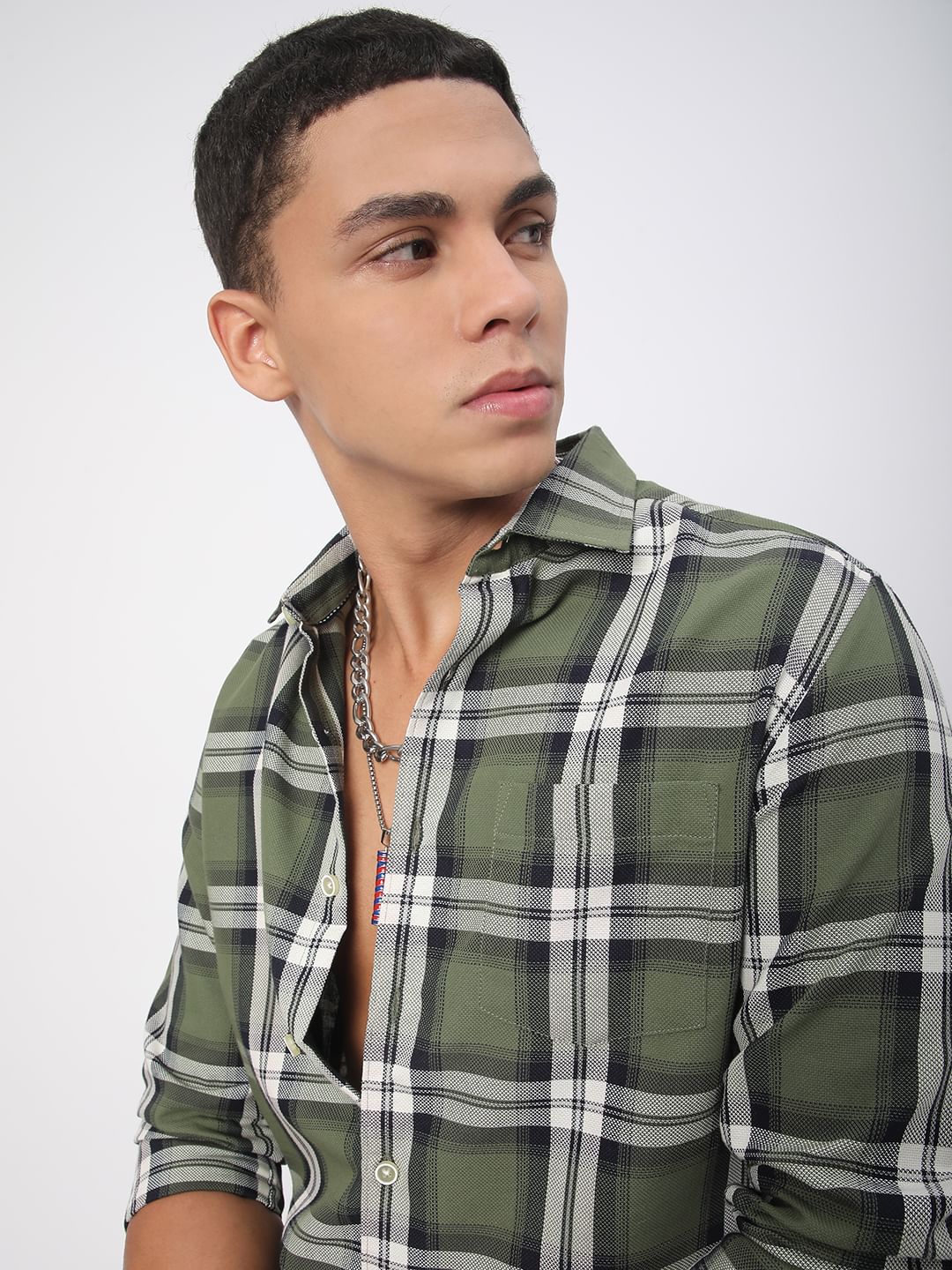 Premium Cotton Timeless Broad Square Olive Checks Shirt - Image 2