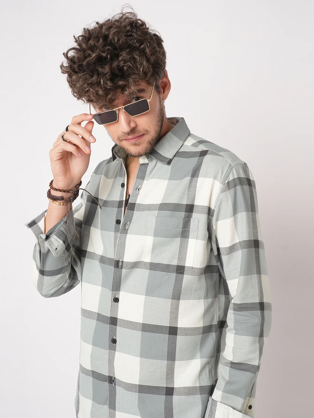 Premium Cotton White & Gradient Grey Minimalist Checks Shirt - Image 2