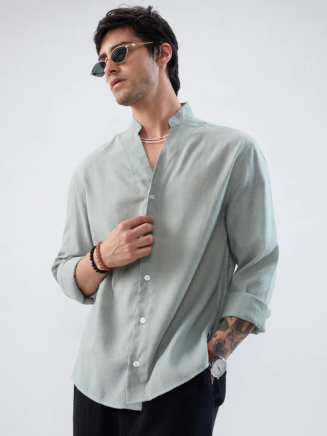 Premium Seafoam Green Linen Blend Stand-Collar Oversized Shirt - Image 2