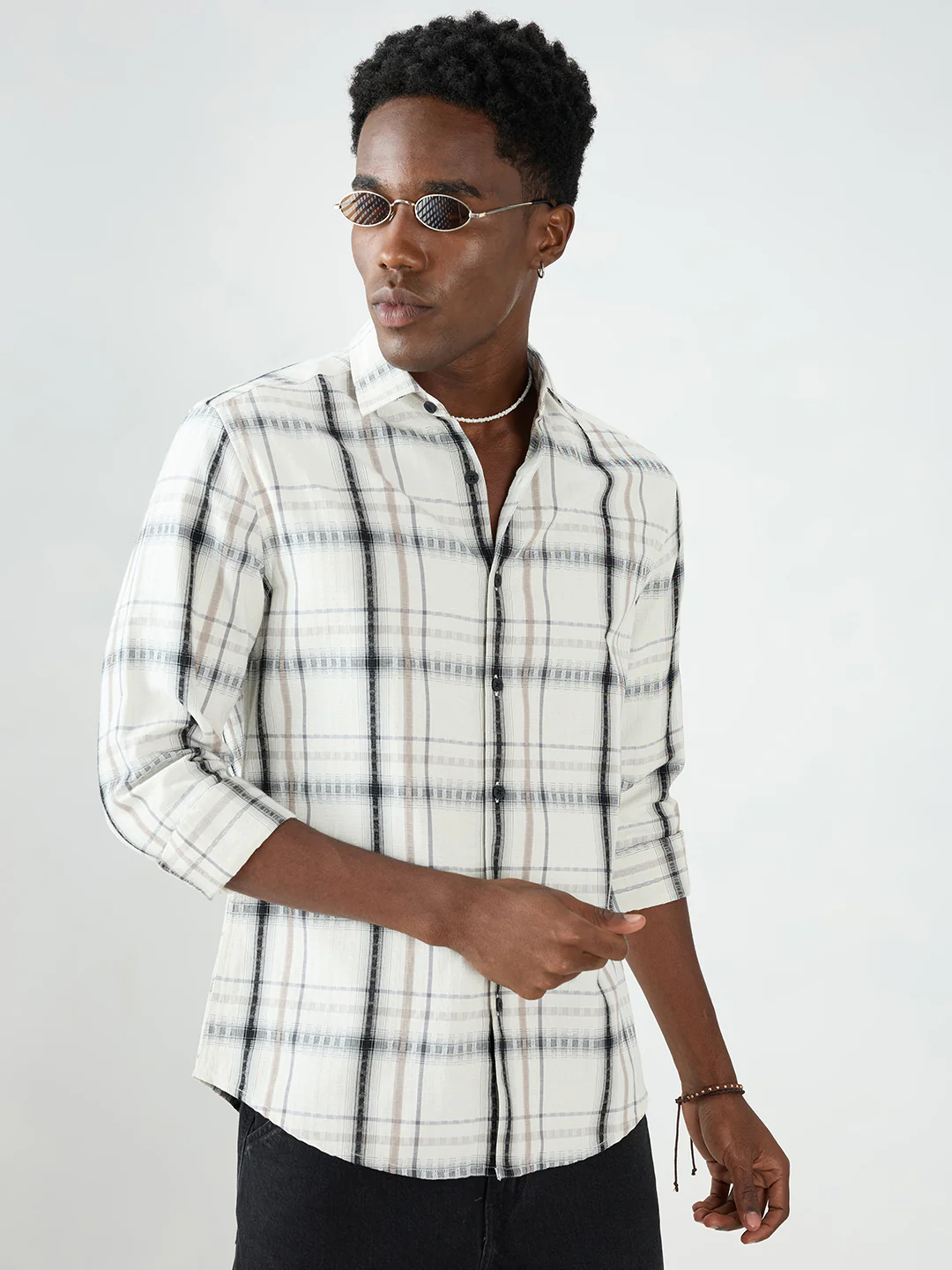 Premium White & Grey Soft Textured Checks Shirt - Image 4