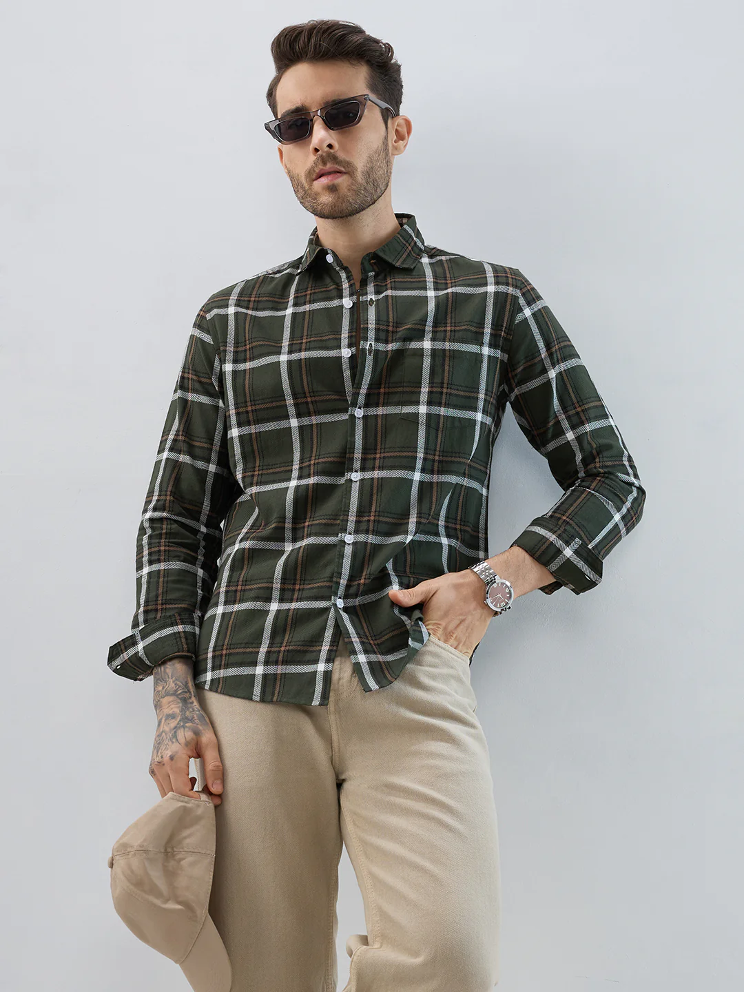 Premium Cotton Olive Grid Tartan Checks Shirt