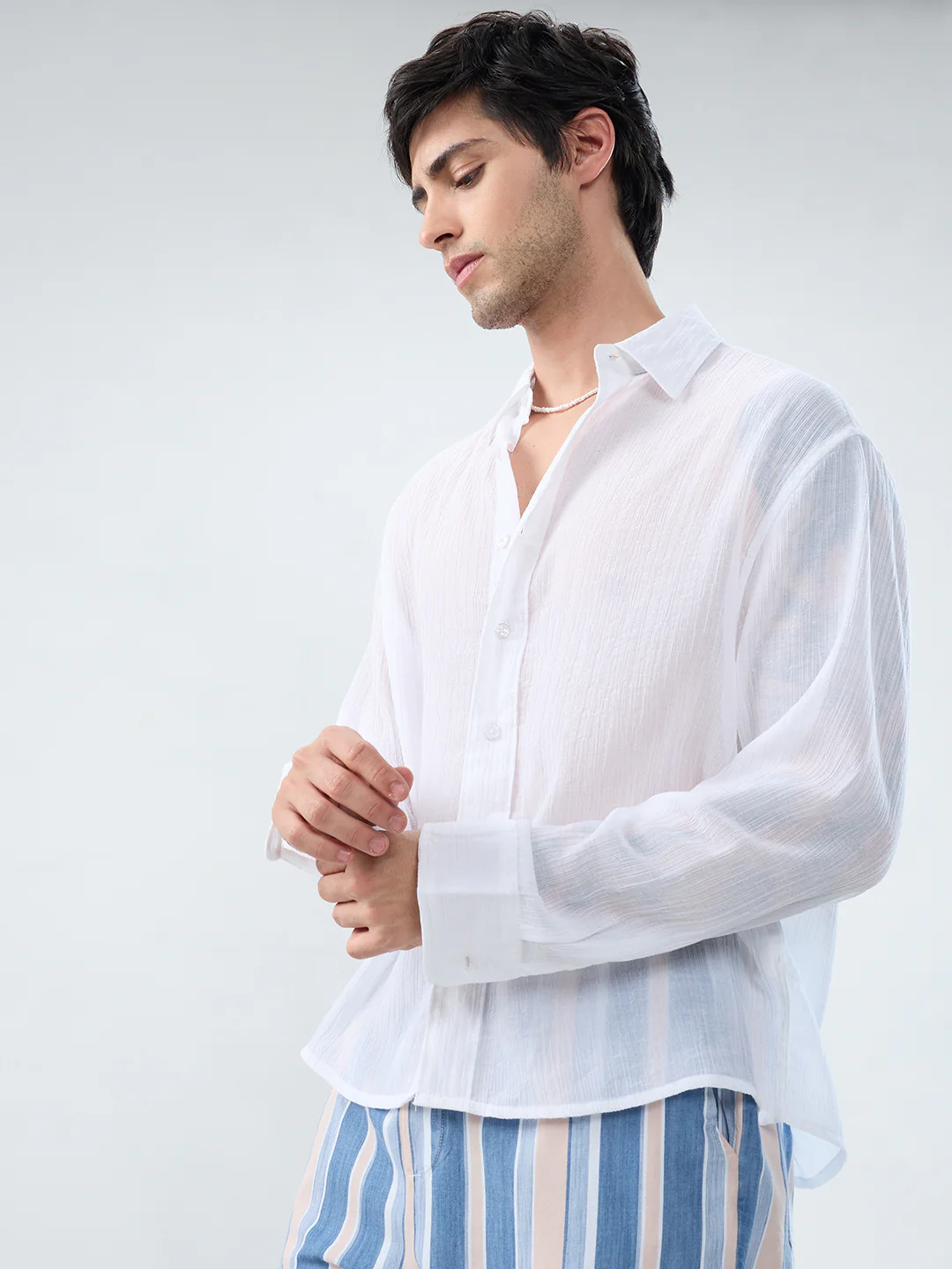 Pure White Classic Sheer Crepe Boxy Fit Crop Shirt - Image 6