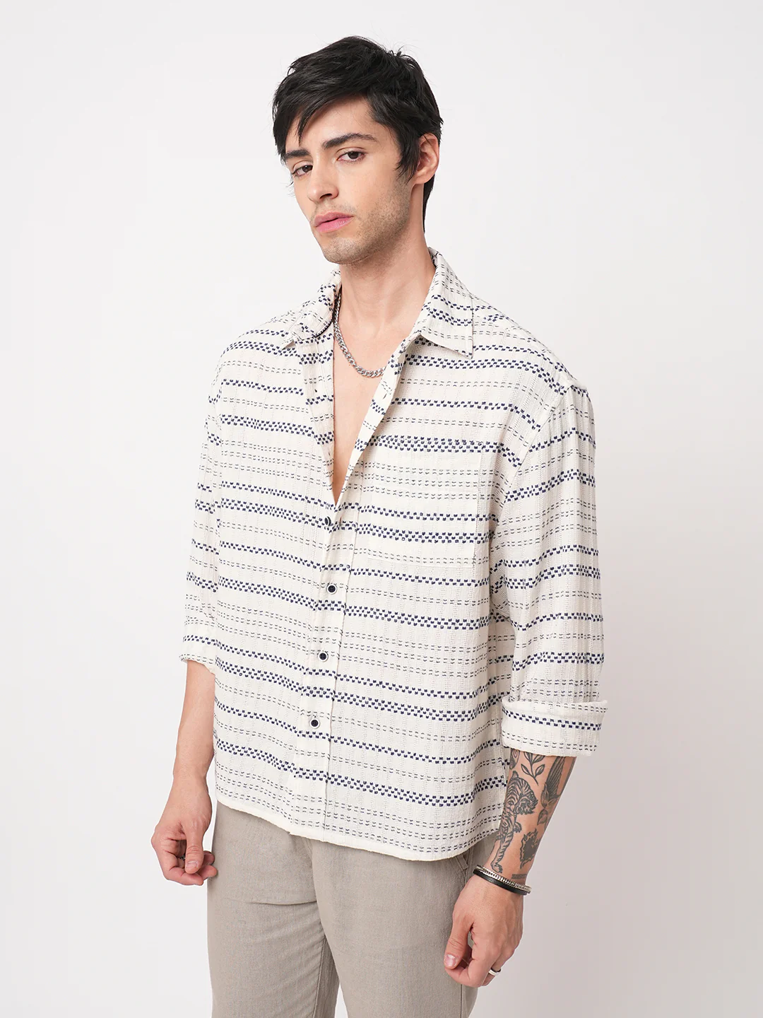 Refined Blue Striped Embroidered Boxy Fit Crop Shirt - Image 6