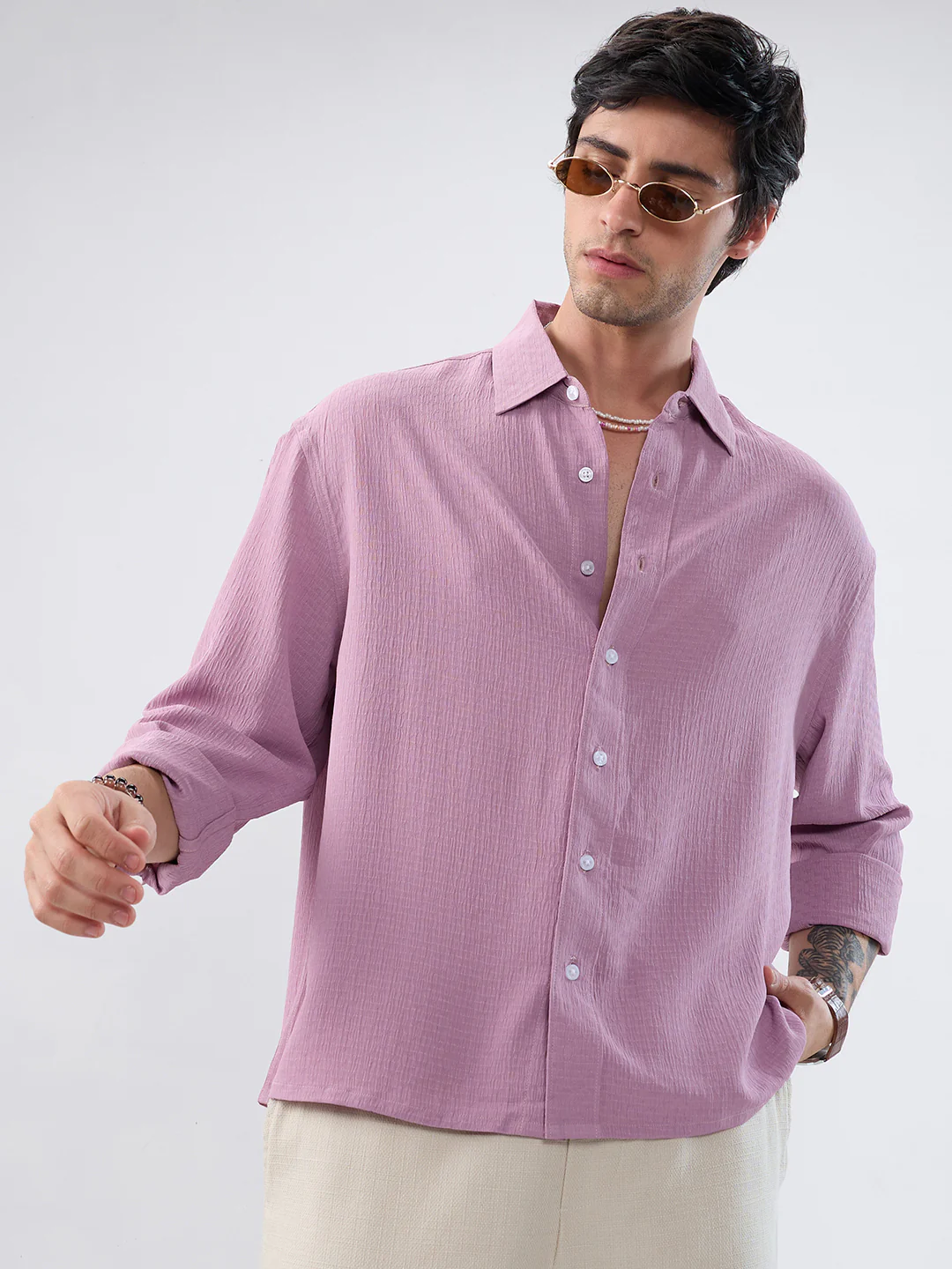 Refined Dusty Rose Pink Textured Boxy Fit Crop Shirt