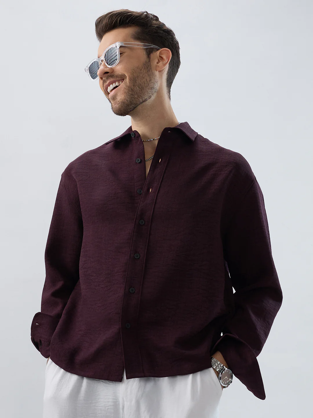 Rich Wine Slub Textured Boxy Fit Crop Shirt - Image 2