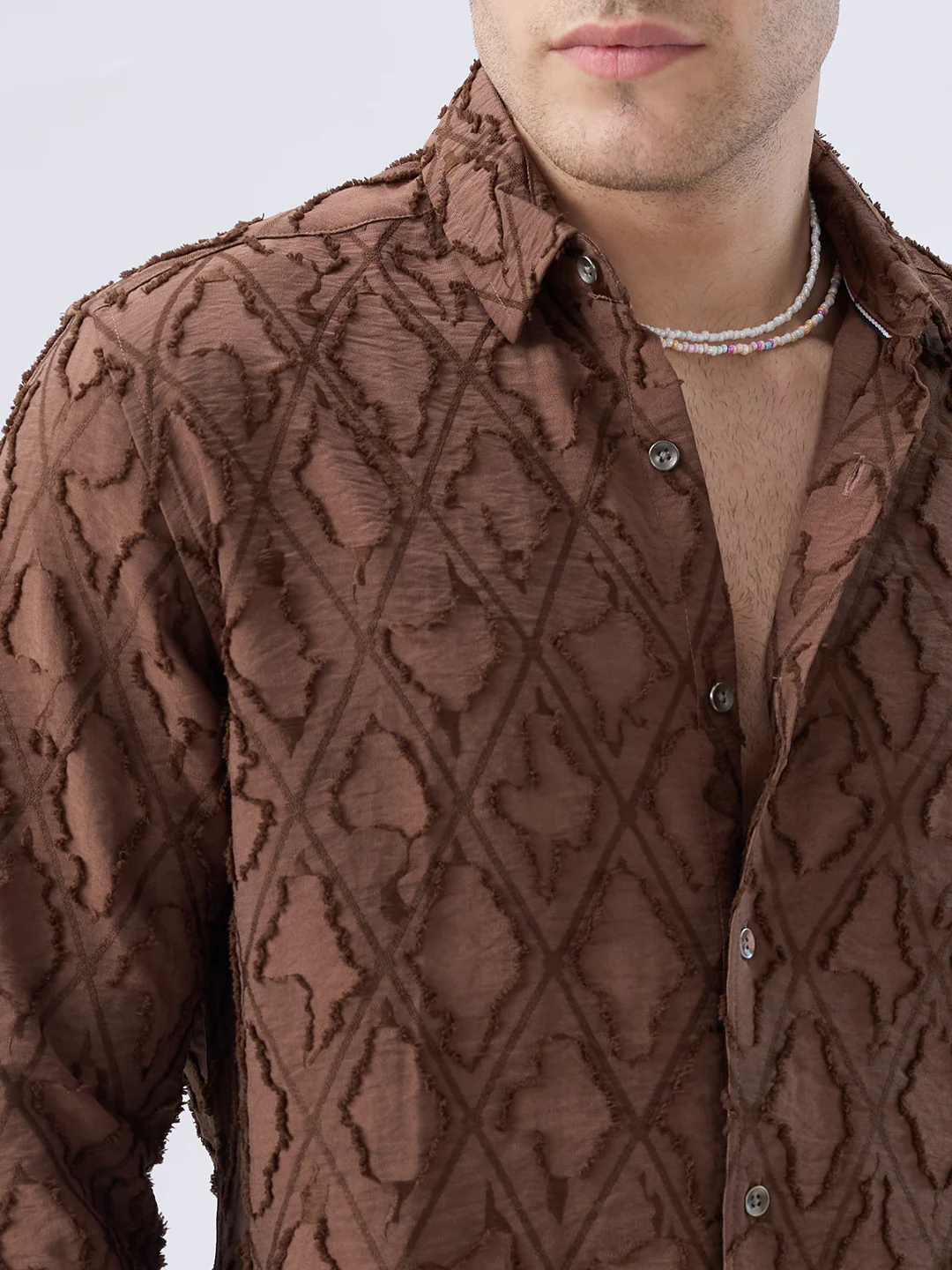 Rust Brown Geometric Detail Frayed Shirt - Image 3