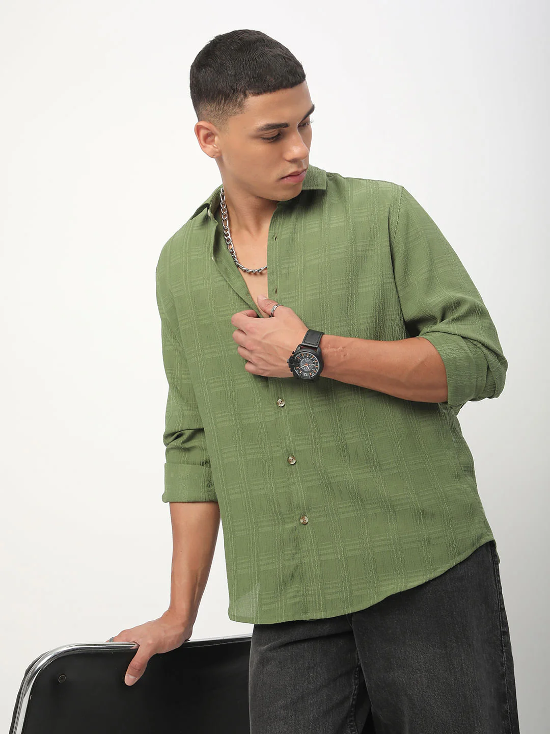 Sap Green Textured Creased Shirt - Image 4