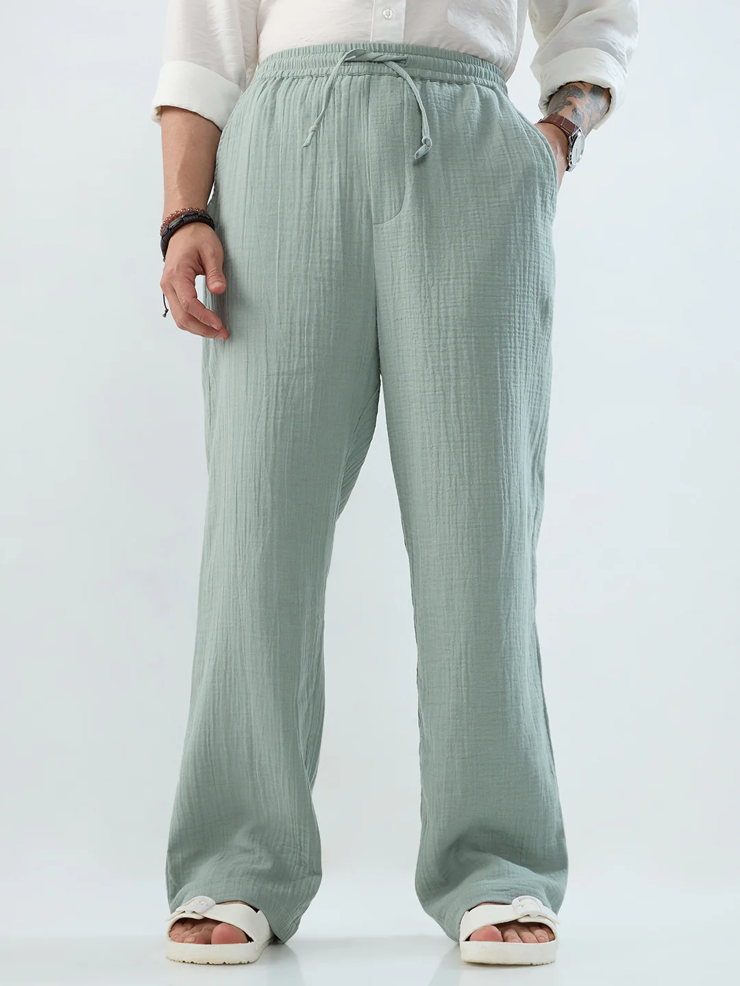 Seafoam Green Double Cloth Straight-Fit Trousers - Image 4