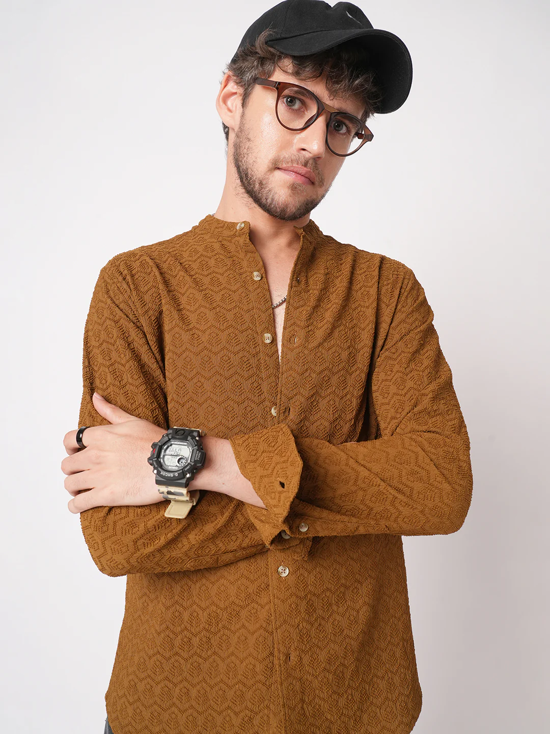 Sepia Brown Textured Mandarin Shirt