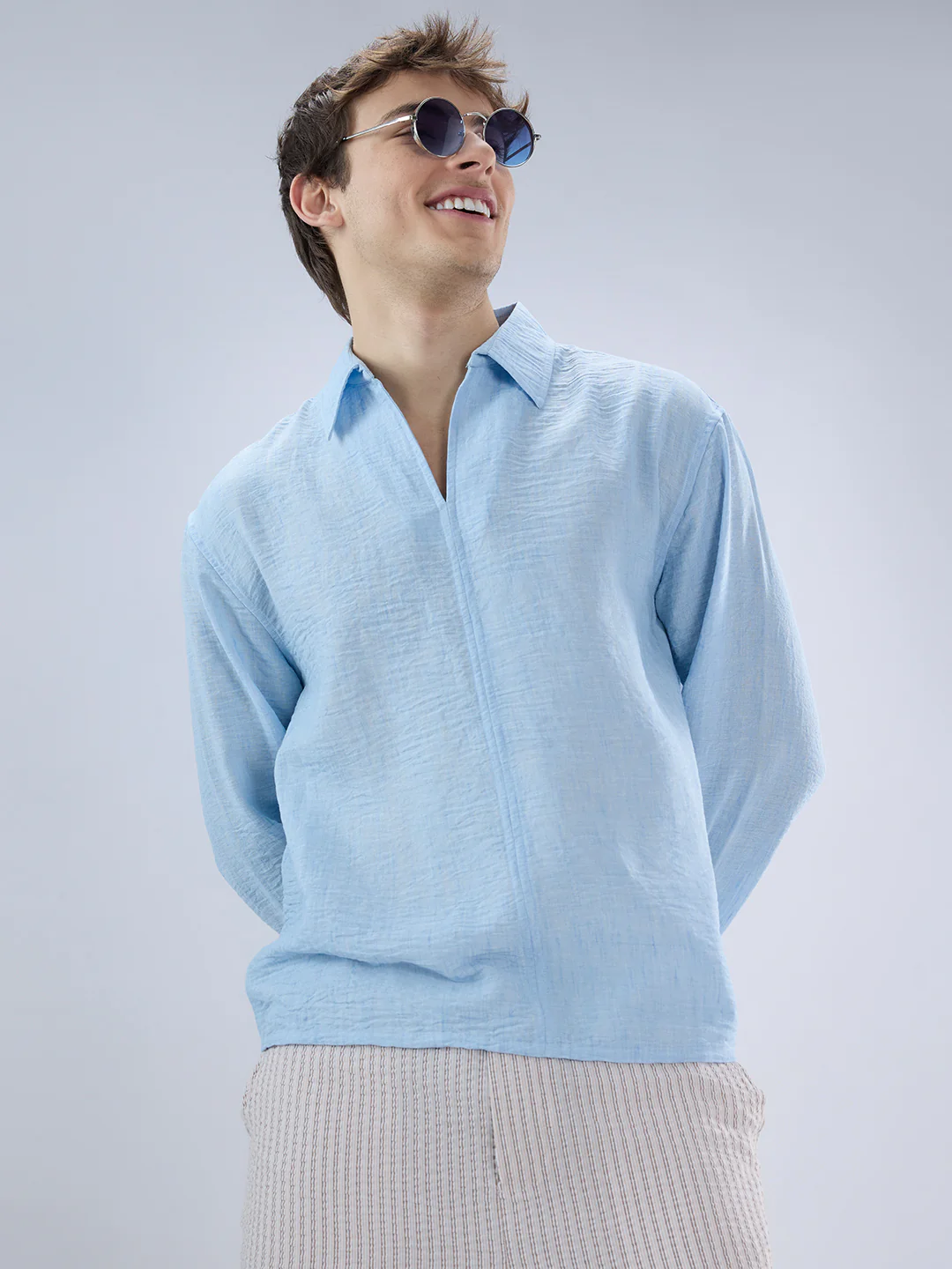 Sky Blue Crinkled Center Seam Oversized Polo Shirt - Image 2