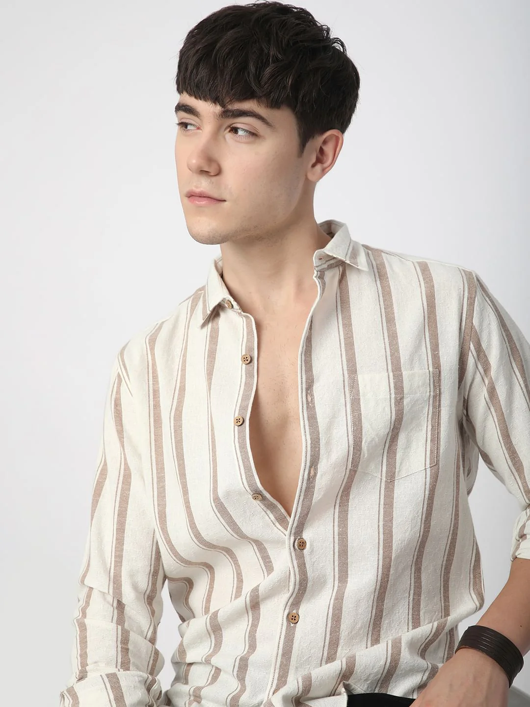 Sleek Warm Tan Dobby Striped Shirt
