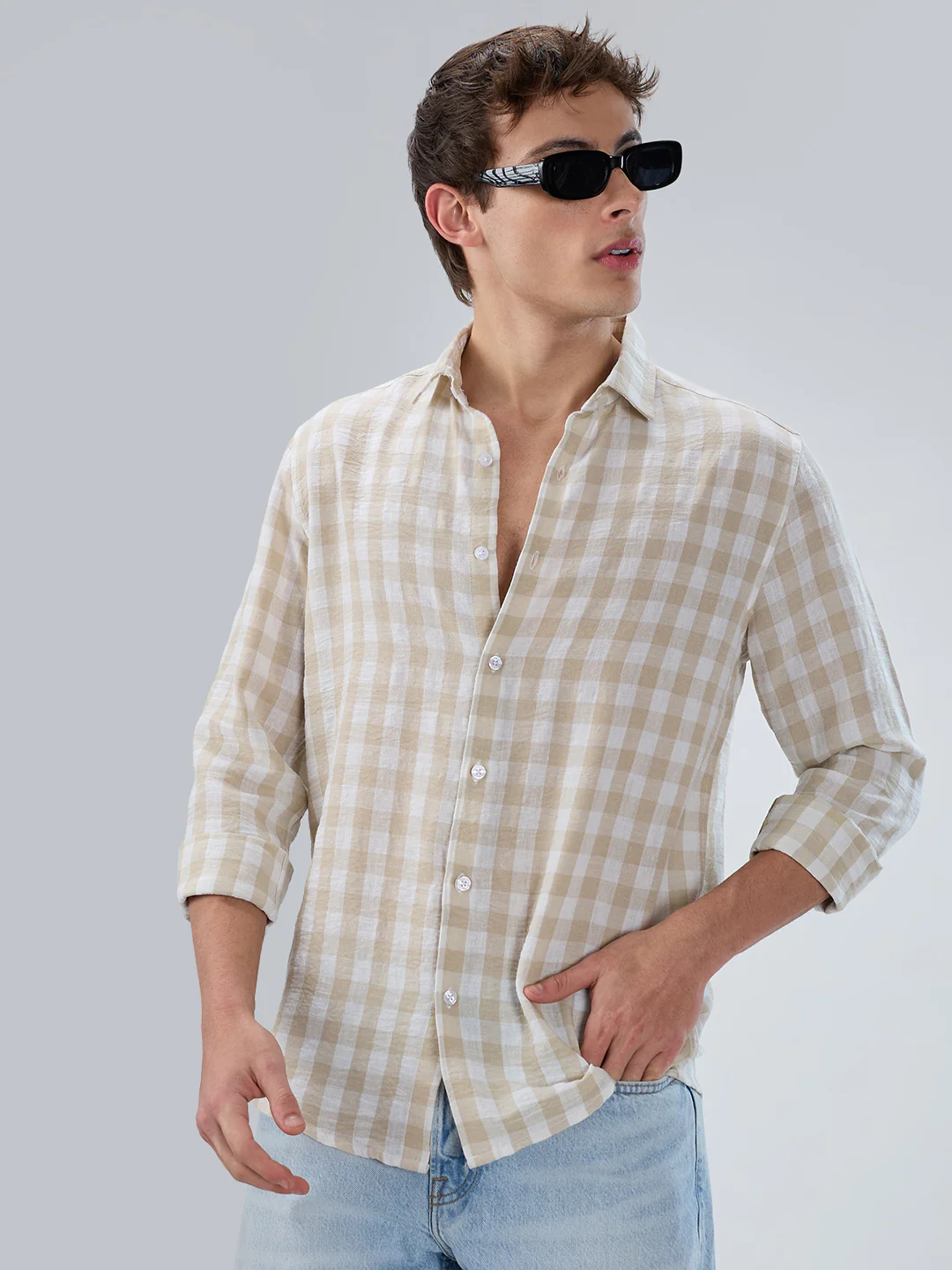 Soft Beige Gingham Checks Shirt