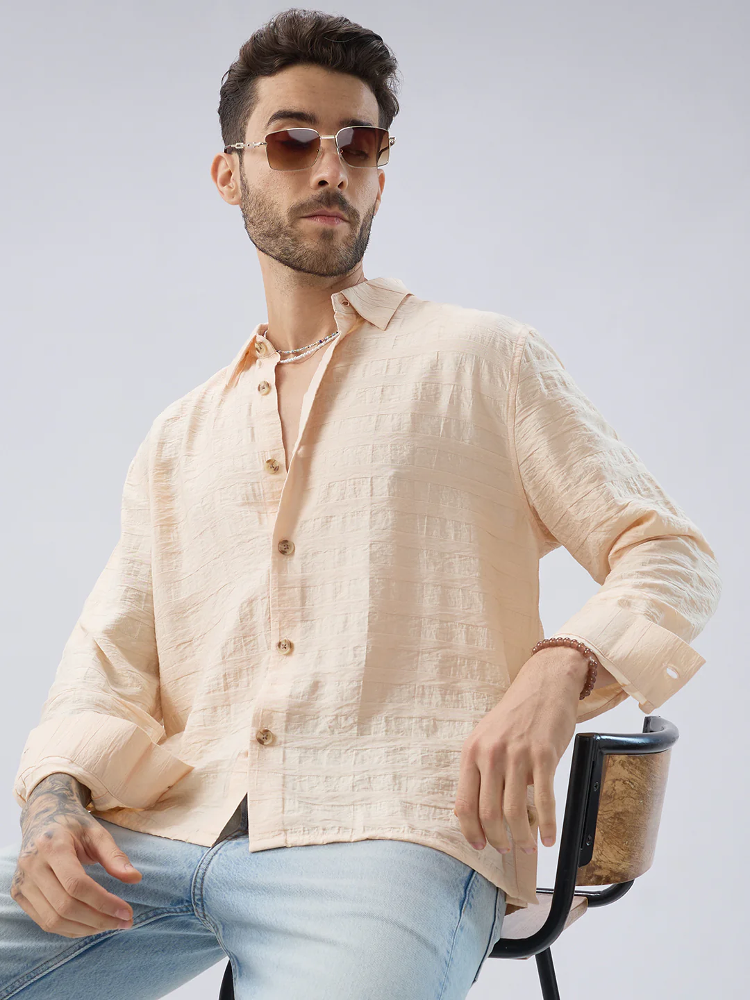 Soft Beige Striped Side-Slit Button Boxy Fit Crop Shirt - Image 2