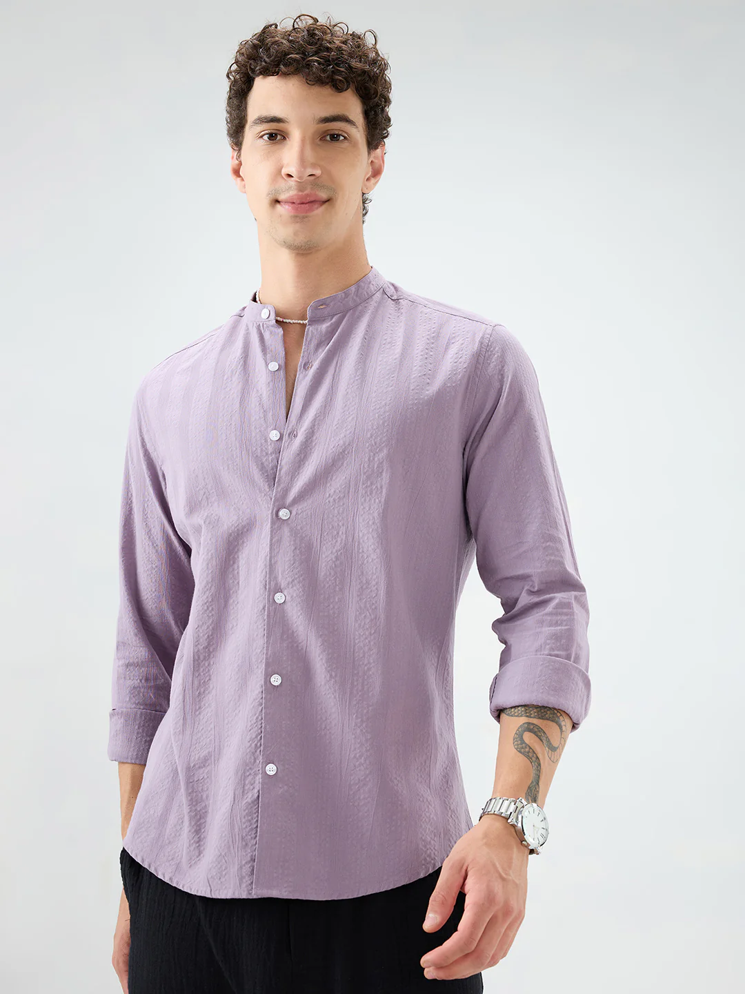 Soft Lavender Seersucker Striped Mandarin Shirt - Image 5