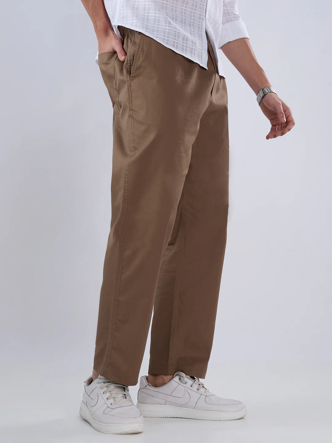 Solid Brown Tapered Trousers - Image 5
