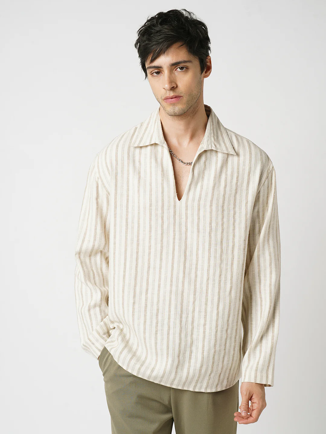 Sunbleached Cream Striped Polo Oversized Shirt - Image 4
