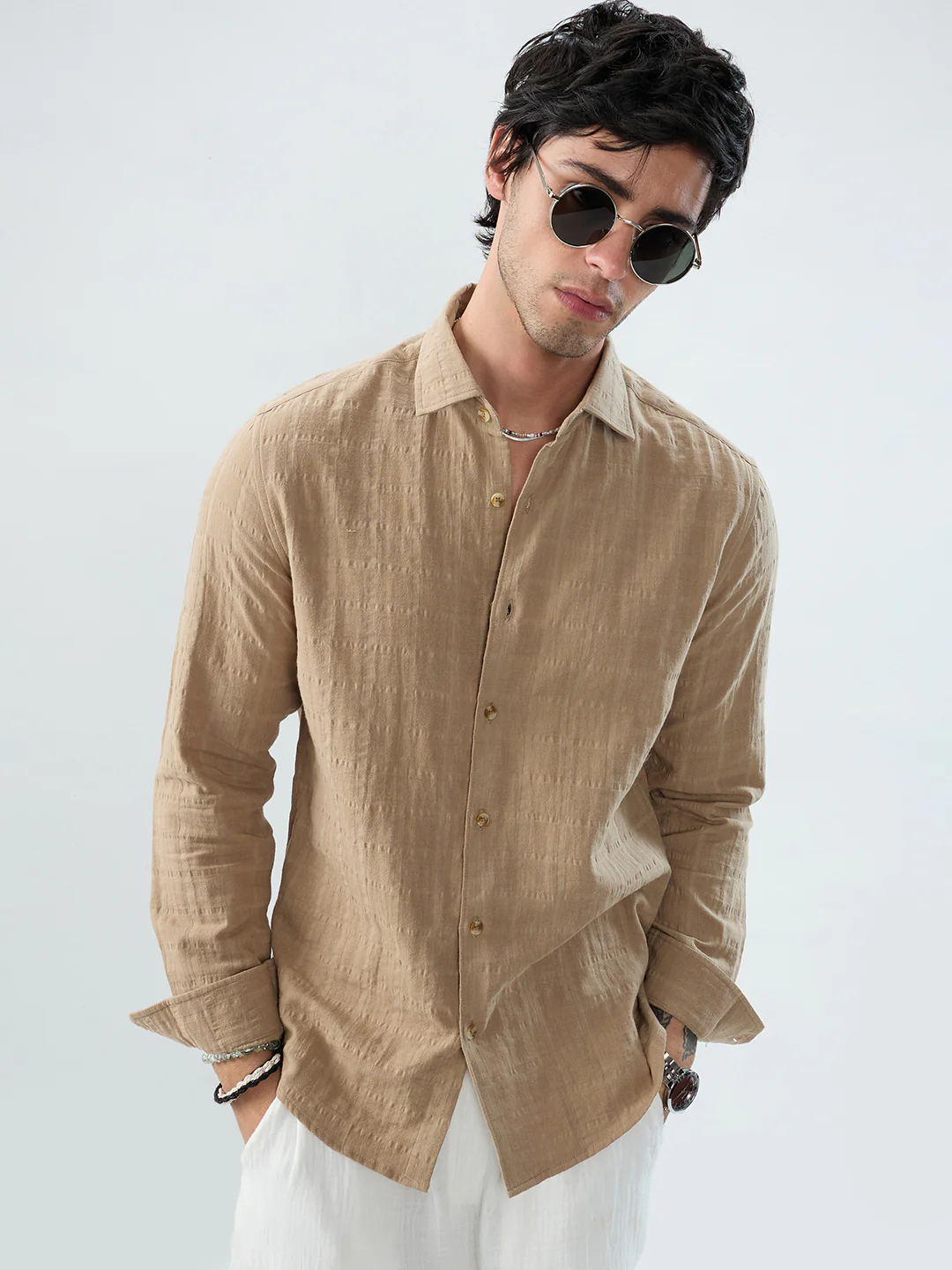 Tan Beige Double Cloth Seersucker Checks Shirt - Image 2