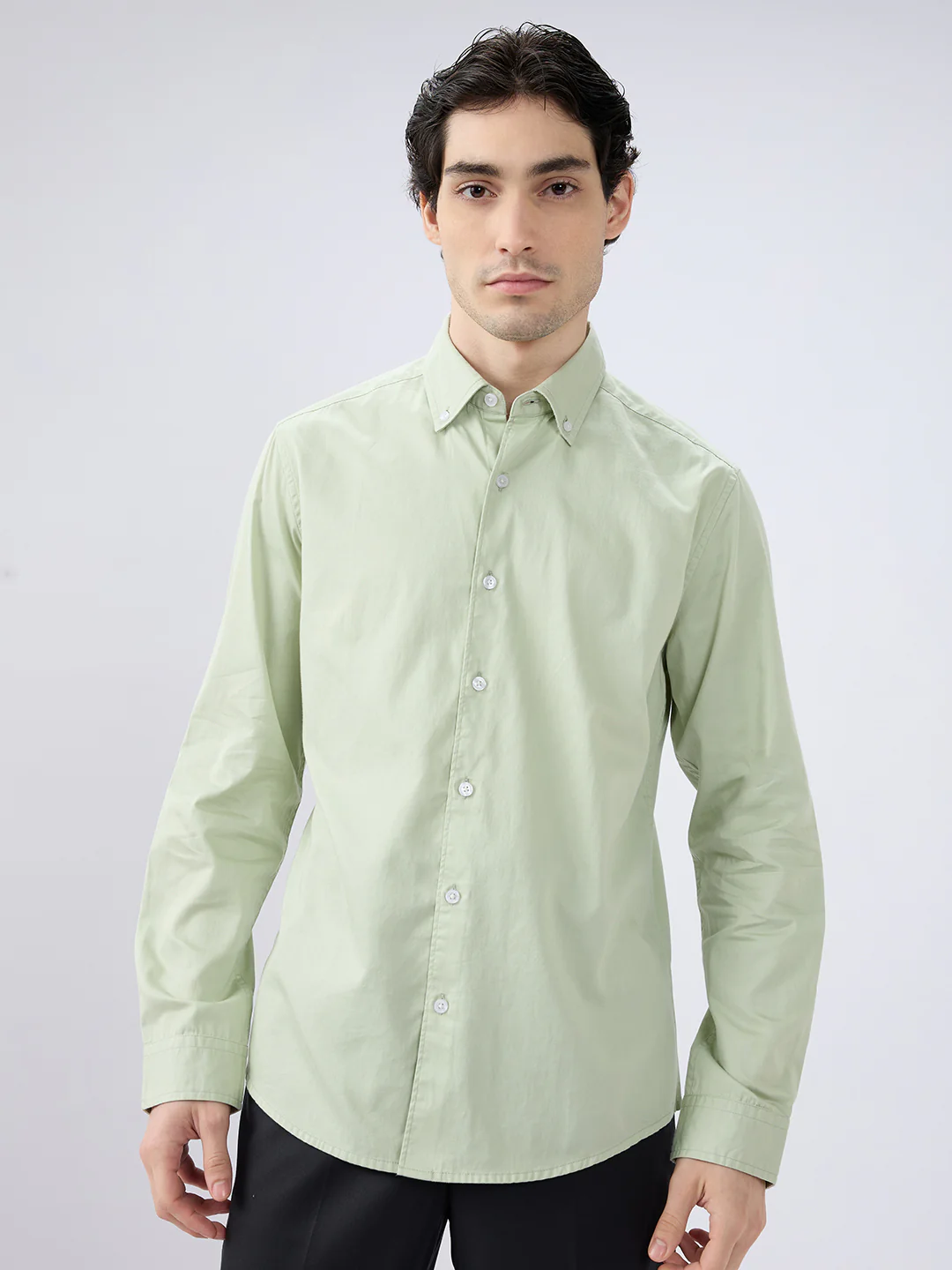 Tea Green Button-Down Collar Satin Shirt - Image 4