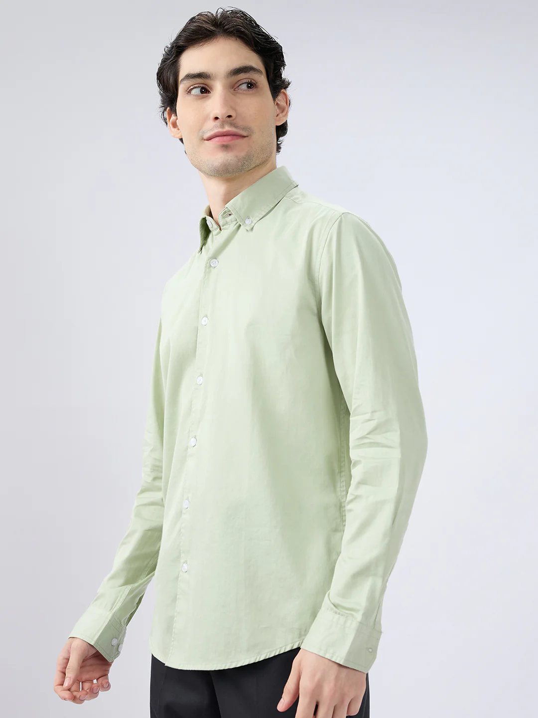 Tea Green Button-Down Collar Satin Shirt - Image 5