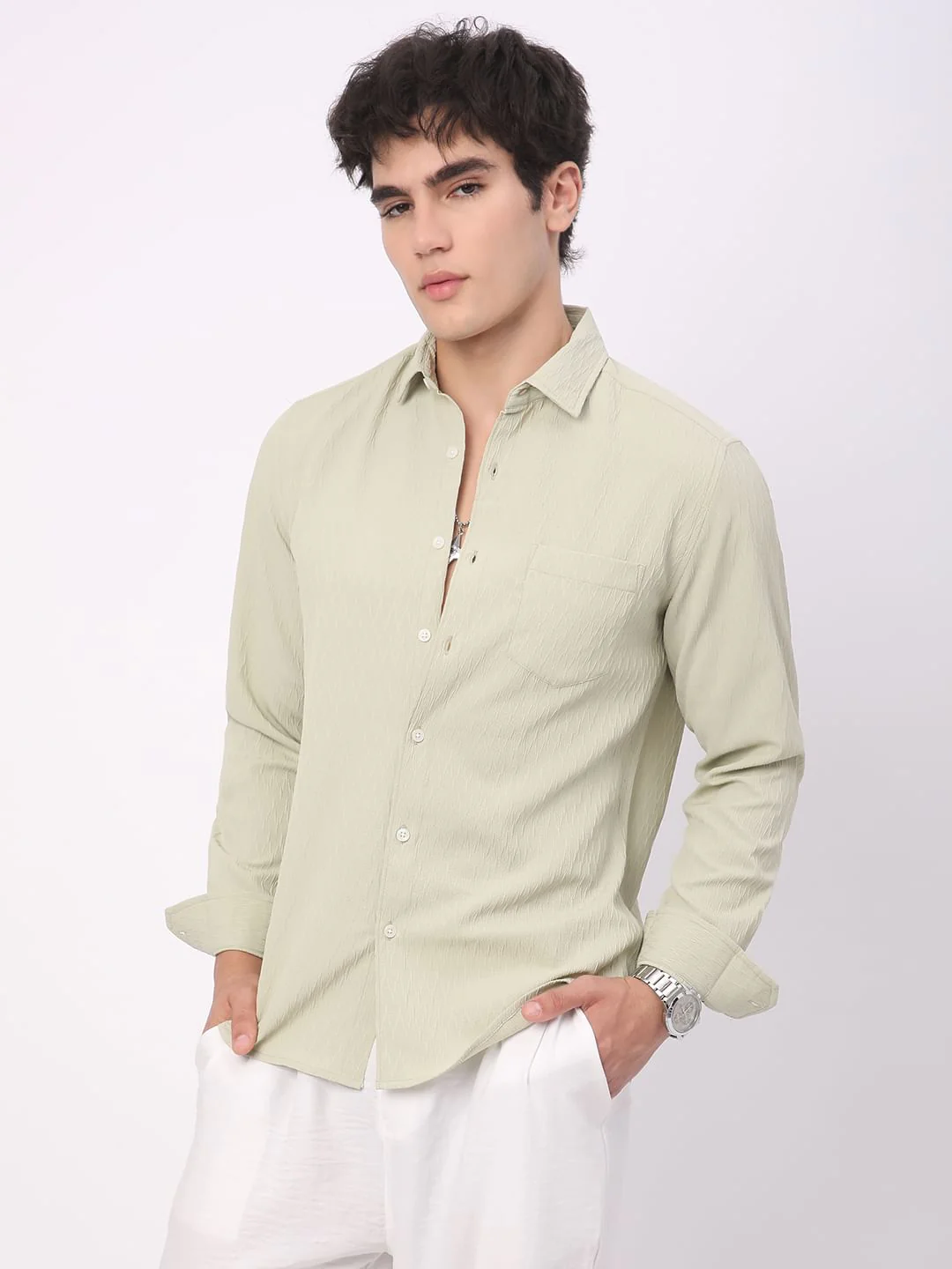 Tea Green Crinkled Textured Shirt - Image 5
