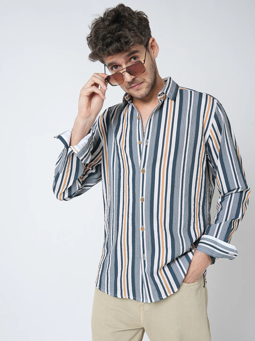 Teal Blue & Cream Crinkled Shirt - Image 2