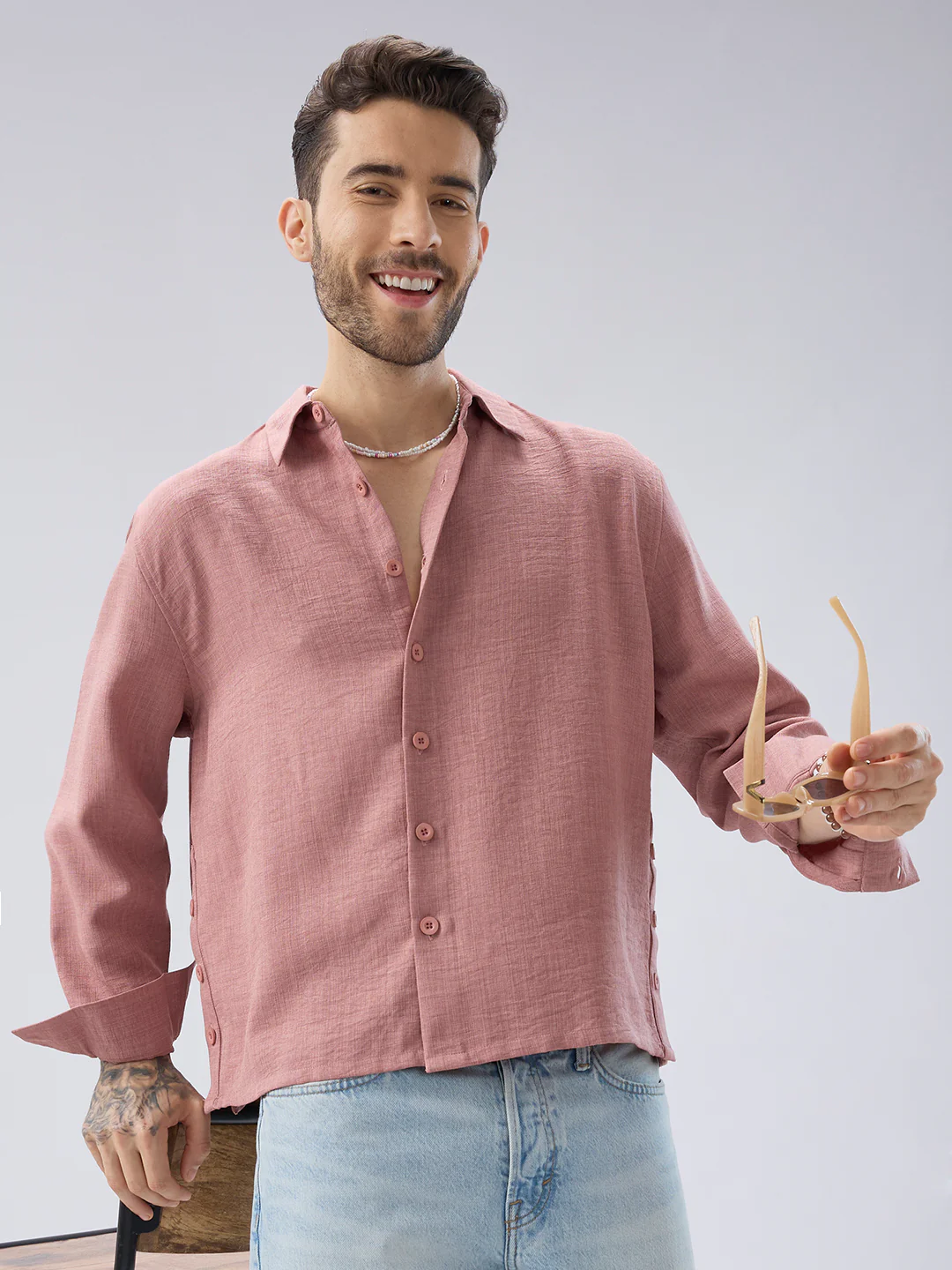 Turkish Rose Pink Slub Textured Side-Slit Button Oversized Crop Shirt - Image 4