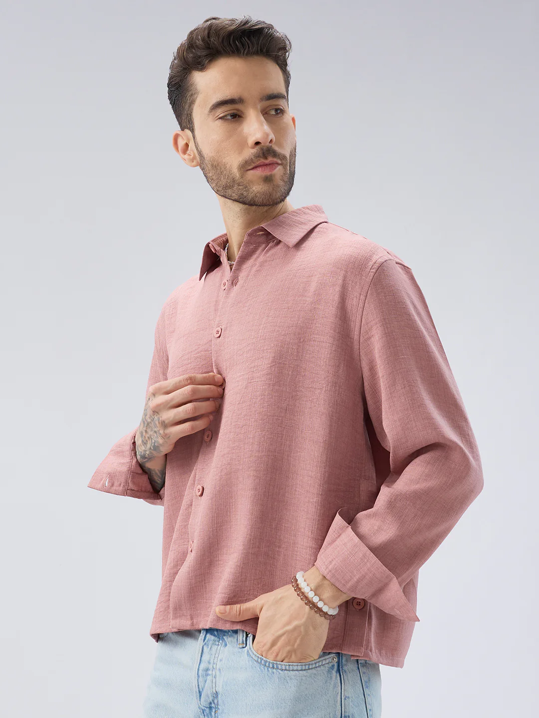 Turkish Rose Pink Slub Textured Side-Slit Button Oversized Crop Shirt - Image 6