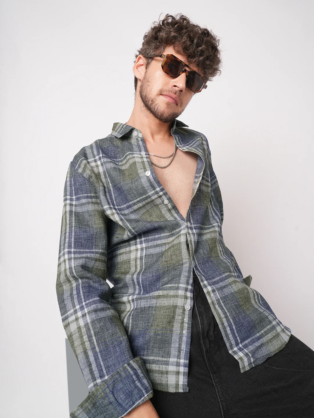 Twilight Green & Blue Plaid Checks Linen Blend Shirt