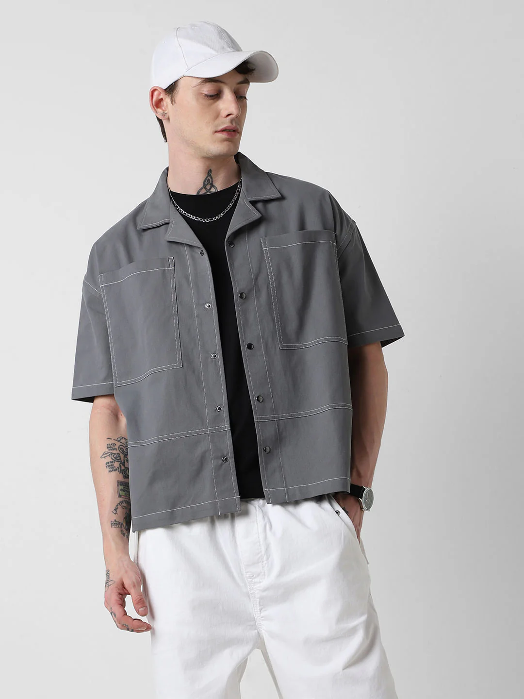 Vintage Grey Double Pocket Oversized Cropped Shirt - Image 4