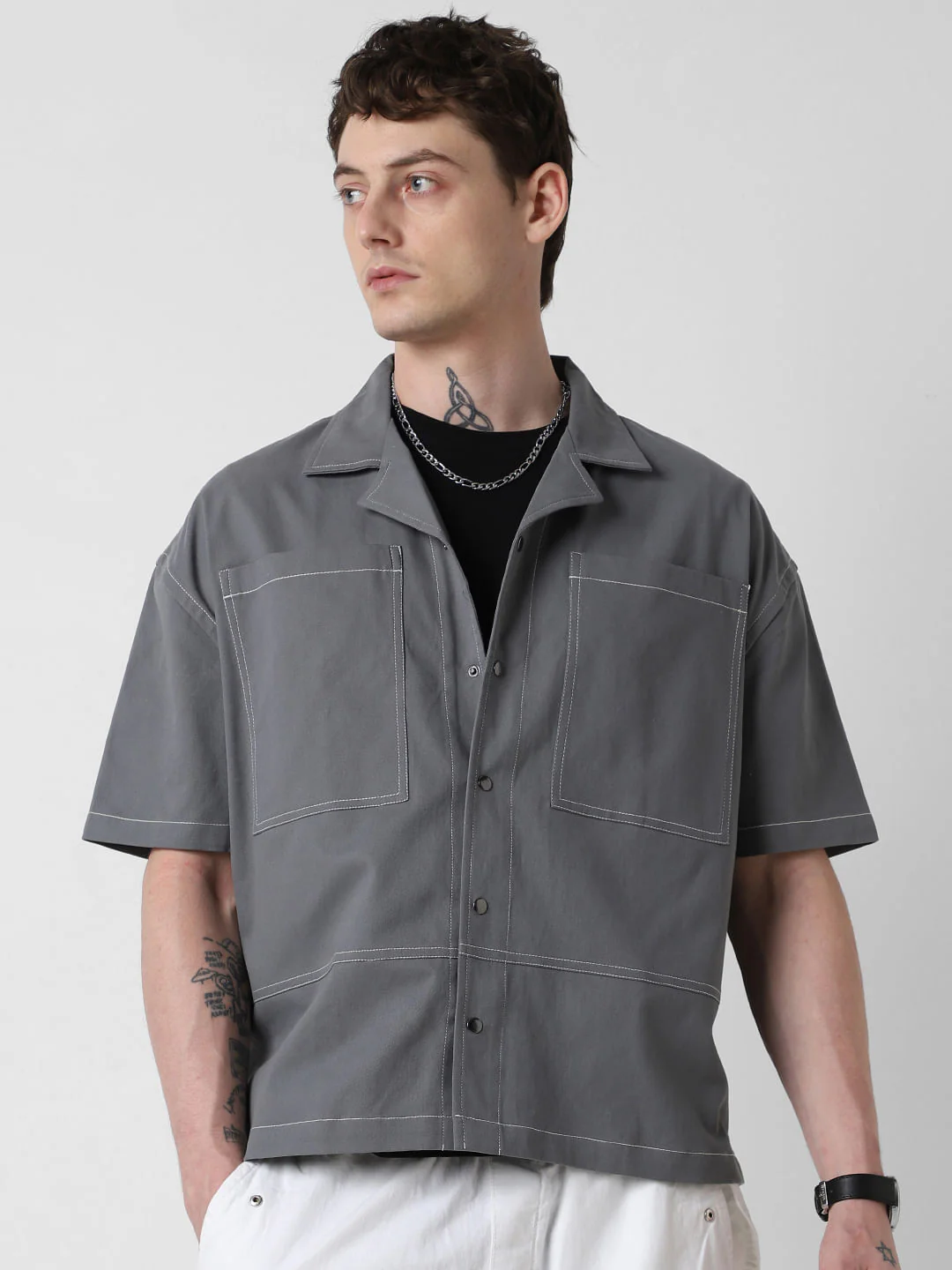 Vintage Grey Double Pocket Oversized Cropped Shirt - Image 5