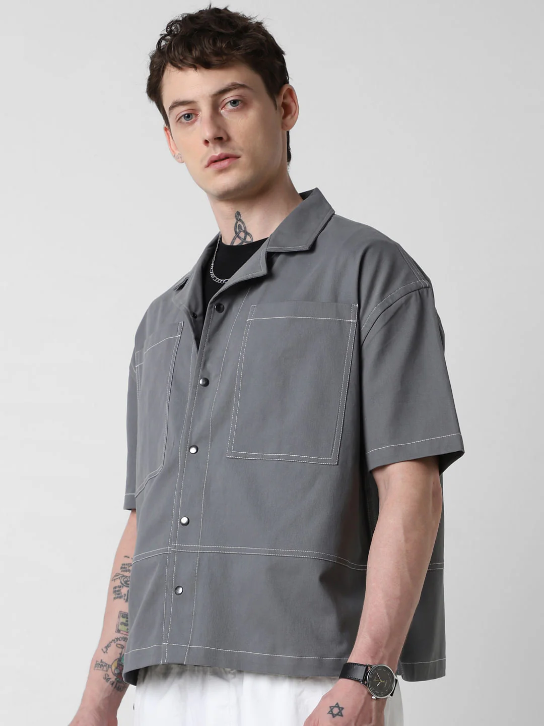 Vintage Grey Double Pocket Oversized Cropped Shirt - Image 6