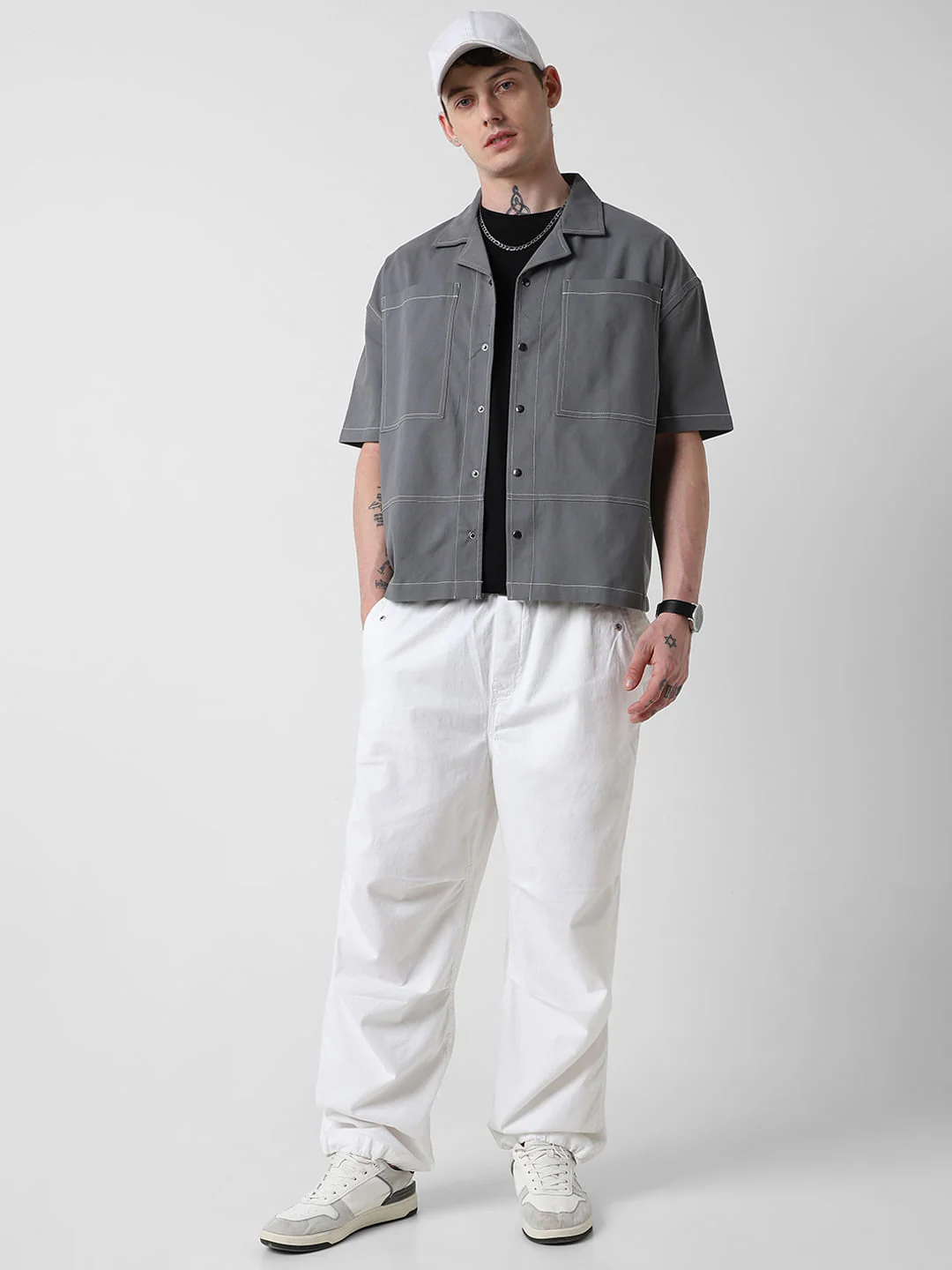 Vintage Grey Double Pocket Oversized Cropped Shirt - Image 8