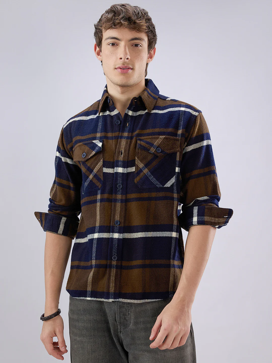Walnut Brown & Navy Plaid Checks Double Pocket Flannel Shirt - Image 5