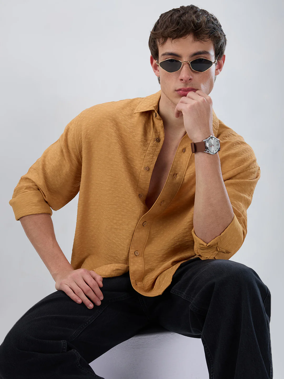 Warm Mustard Sun-Cured Lightweight Textured Boxy Fit Crop Shirt