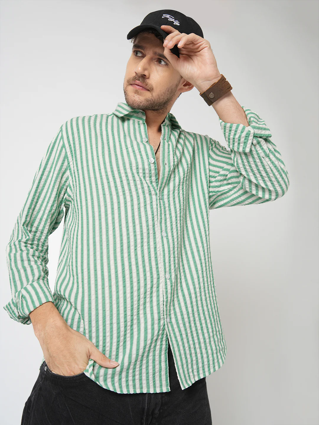 White & Green Candy Stripe Seersucker Shirt