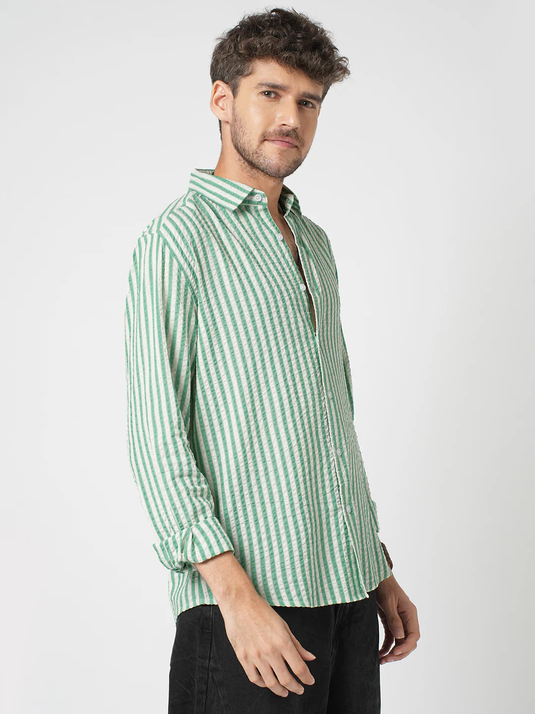 White & Green Candy Stripe Seersucker Shirt - Image 6