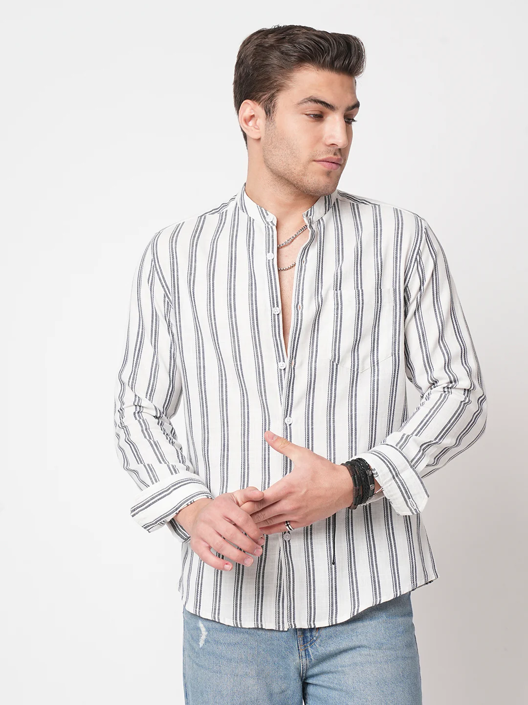 White & Navy Vertical Striped Mandarin Shirt - Image 5